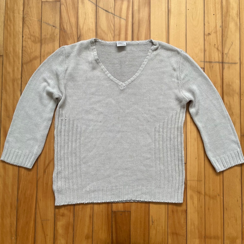 WOOLWORTHS V Neck Sweater Knit 3/4 Sleeve Light Beige Size M